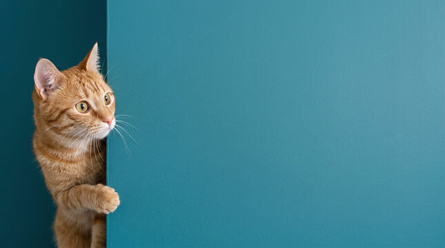 Ginger tabby cat peaking from behind a solid teal wall background with portrait