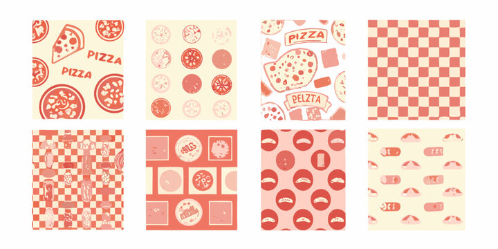 pizza themed retro patterns vector illustration food restaurant badges logos vintage slice pepperoni cheese checkered background design graphic element menu branding