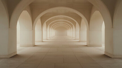 Naklejka premium Arched corridor with repeating neutral arches and soft light evoking calm symmetry