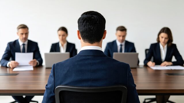 Job interview scene from behind candidate facing panel of four recruiters in modern conference room, hiring process and employment opportunity concept