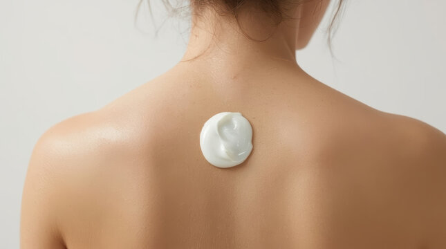 Moisturizing lotion dollop on bare upper back, smooth skin, soft minimalist spa mood