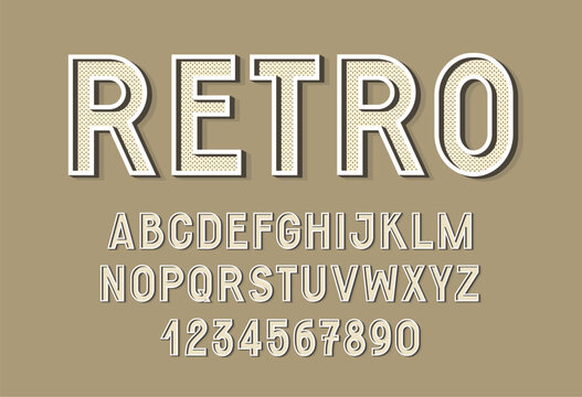 Retro Font. Bold Old Style Alphabet. Letters and Numbers. 