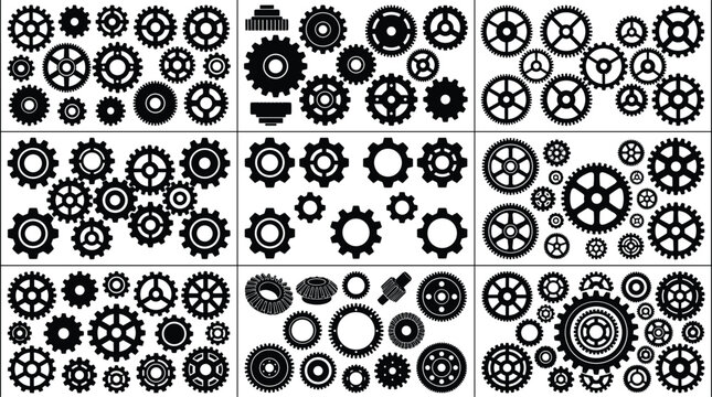Black silhouette icons of mechanical gears and cogwheels showcasing diverse industrial designs, engineering components, and machine parts