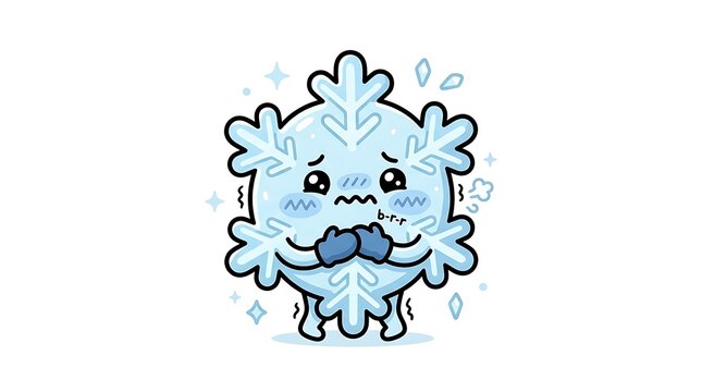 Frozen with Fear: A cute, cartoonish snowflake character shivers uncontrollably, its face contorted in fear and cold, with tiny ice crystals and frosty puffs of air surrounding it.