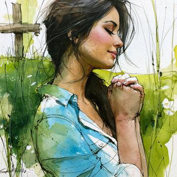 Young Woman Praying in Nature Watercolor Art AI Generative