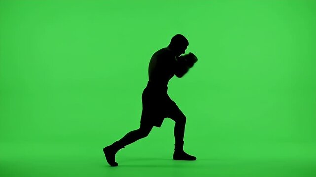 Silhouette Boxer Performing Uppercut on Green Screen - A black silhouette of a boxer is captured in motion against a vibrant green screen background.