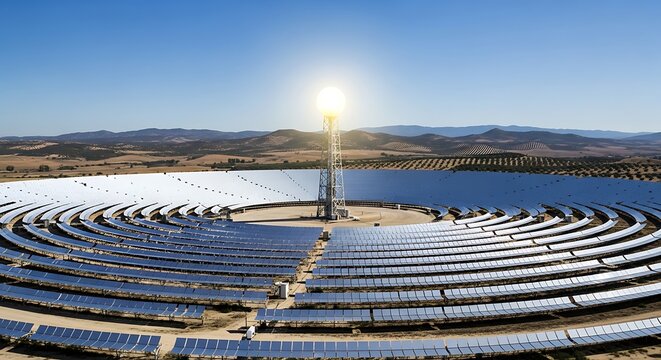 Aerial view of a concentrated solar power plant with a central tower.