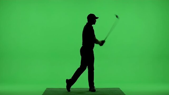 Silhouette Golfer Practicing Swing on Green Screen - A black silhouette of a golfer wearing a cap and holding a club stands on a green turf mat against a vibrant green screen background.
