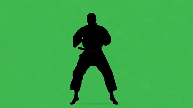Silhouette Martial Artist on Green Screen - A black silhouette of a martial artist in a low stance on a green screen. The figure wears a traditional uniform and belt, appearing ready for action.