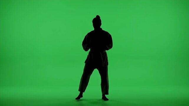 Silhouette Martial Artist Performing Kick on Green Screen - A silhouetted martial artist in a gi executes a dynamic kick against a bright green screen background.