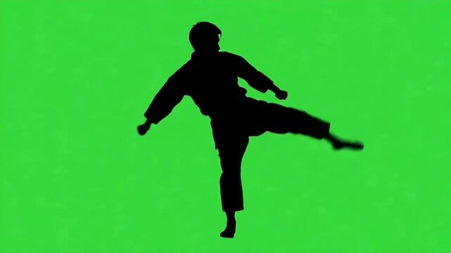 Silhouette Martial Artist on Green Screen Background - A 2D silhouette of a martial artist in a fighting stance against a solid green screen. The figure is black and clearly defined, ready for action.
