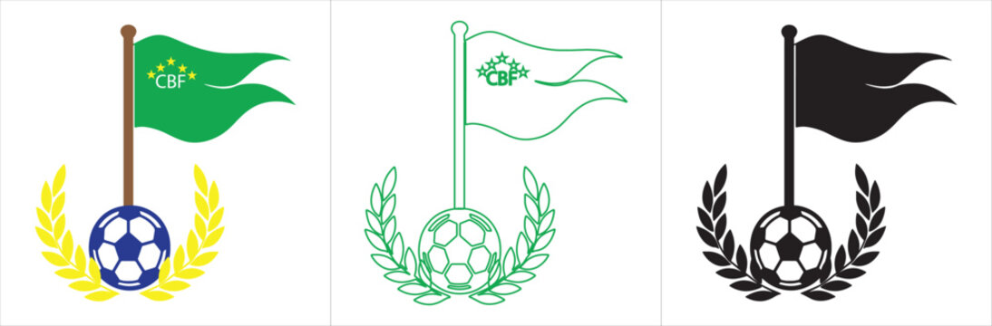 Brazil CBF flag emblem with soccer ball and laurel branches &mdash; colored, outline, and silhouette vector set