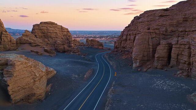 Winding asphalt road passing through spectacular yardang landform at sunset in Xinjiang, China.