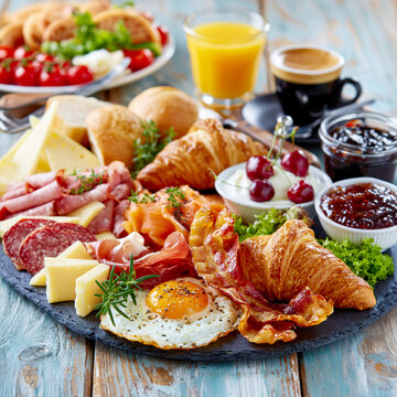 Gourmet Breakfast Platter with Coffee and Juice AI Generative