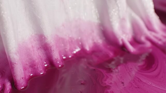Pink Dye Absorbing into White Fabric in Slow Motion Macro Shot