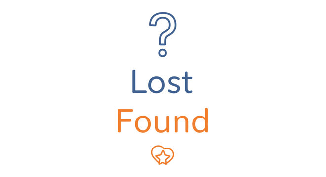 Simple conceptual design with a question mark, "Lost Found" text, and a heart-star icon, representing lost and found services, recovery, or search for items, isolated on a white background.