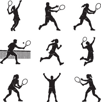 Tennis Player Actions Set Vector Illustration with Serving Swinging Volleying Running,Generative Ai