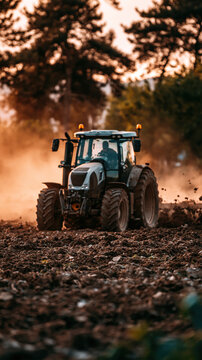 Tractor Plowing Field at Sunset &ndash; AI Generative