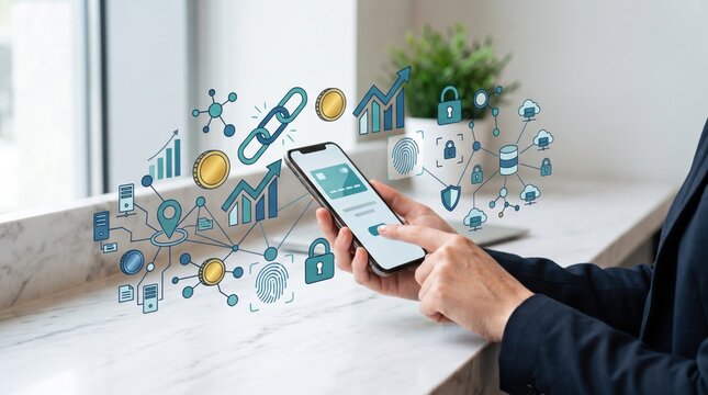 Mobile banking and blockchain technology concept, smartphone displaying fintech icons, cryptocurrency, data security, network connection, digital finance