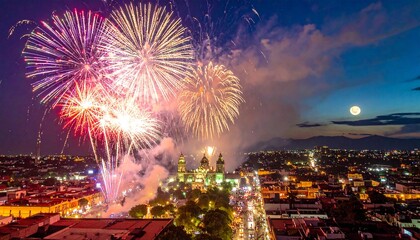 Naklejka premium Night sky ablaze with vibrant fireworks over a city center, moon visible