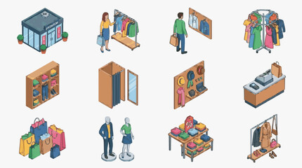Fototapeta premium Clean Isometric of Modern Clothing Store Scenes with Shoppers Racks and Accessories with high quality professional line art symbols for modern creative design and digital branding projects