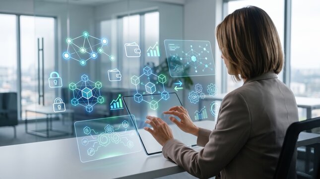 Businesswoman interacting with futuristic holographic blockchain and fintech interface on tablet, digital network security and cryptocurrency technology concept