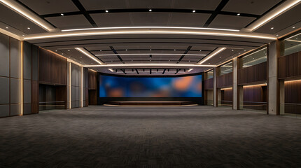 Obraz premium Empty Modern Conference Hall with Large Curved LED Screen and Warm Lighting