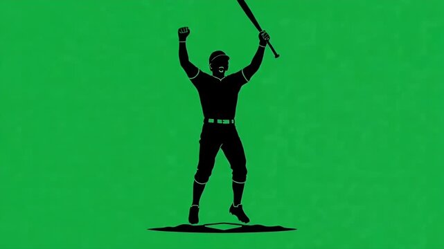 Silhouette Baseball Player Celebrating on Green Screen - A black silhouette of a baseball player in uniform is depicted celebrating with arms raised and bat held high.