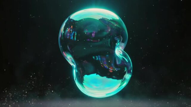 Floating holographic liquid blob in dark space, glossy transparent form shifting shape with cyan and purple glow, soft particles and subtle fog create futuristic abstract scene for technology visuals