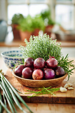 Fresh Onions Garlic and Herbs Rustic Kitchen Still Life. AI generative.