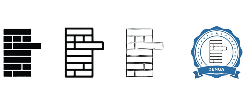 Jenga game icons and illustrations in various styles and colors on white background