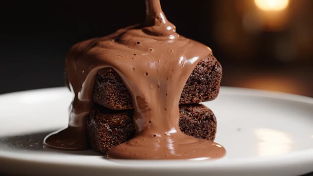 Rich chocolate sauce poured over stacked fudgy brownies on white plate, slow motion closeup