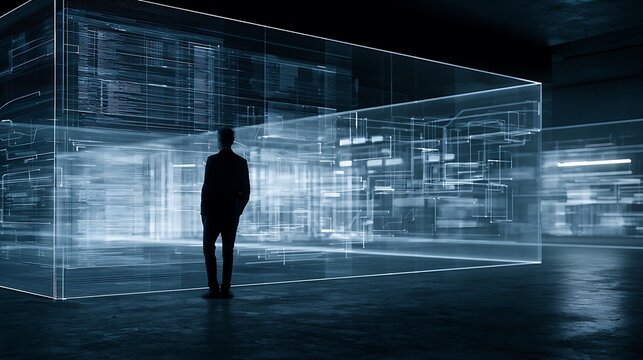 a man standing in a futuristic virtual reality environment with blue holographic projections