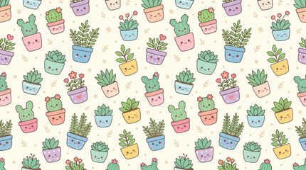 Naklejka premium Cute Kawaii Potted Succulents and Cacti Pattern - Vector Illustration
