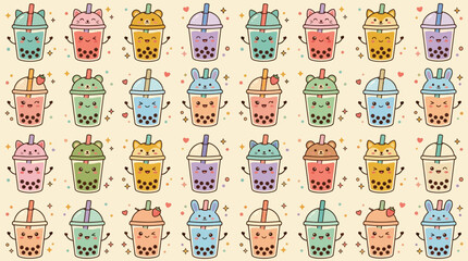 Fototapeta premium Kawaii Boba Tea Pattern - Cute Cartoon Drinks, Pastel Colors