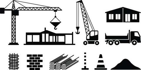 Construction Building Icon Set with Tower Crane, Mobile Crane, House Frame, Dump Truck, and Materials Silhouettes © MD SAHIDUL