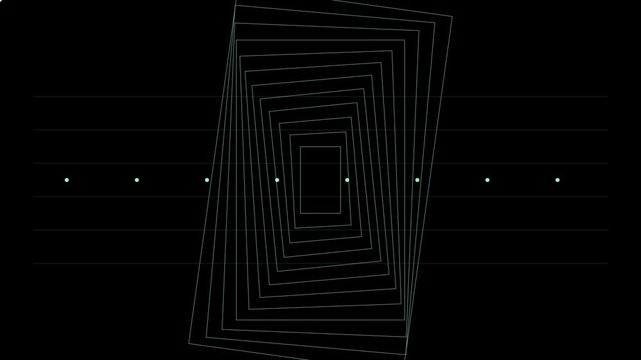 Abstract geometric rotating rectangles animation with pulsing light dots on dark 4k background motion