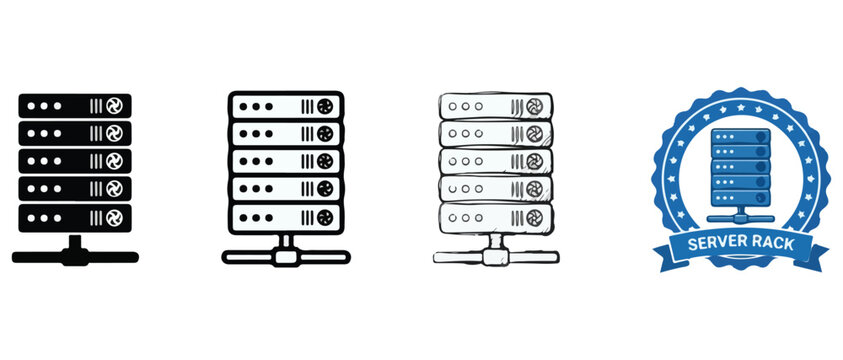 Server rack icon set with various computer server illustrations and a blue server rack logo on a white background