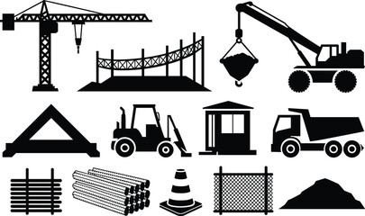 Construction Machinery Icon Set with Tower Crane, Mobile Crane, Forklift, Dump Truck, and Building Materials Silhouettes © MD SAHIDUL