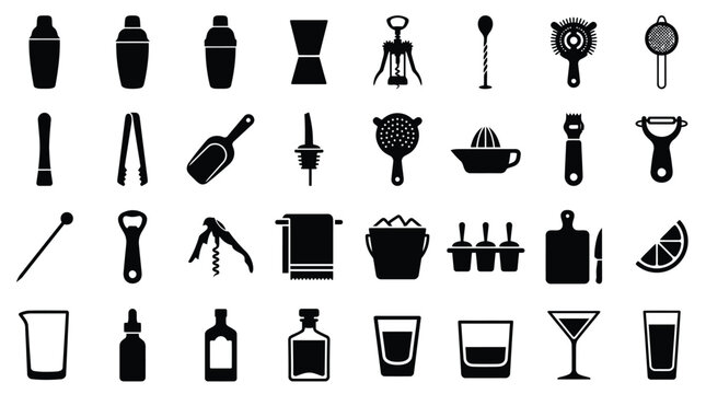 Large collection of professional bartender tool icons and mixology equipment silhouettes including shakers, jiggers, strainers, glassware, and accessories on a plain white background.