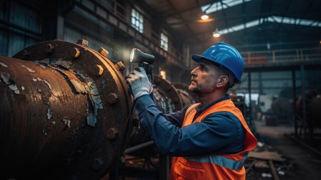 A worker in a blue hard hat and orange vest grinds a large rusty pipe inside an industrial workshop.