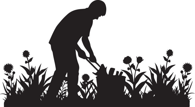 Silhouette of a man digging in a garden with flowers