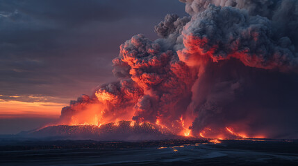 Fototapeta premium Violent volcanic eruption with smoke and lava at sunset eruption landscape disaster mountain