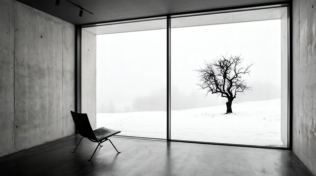 Minimalist Interior Chair with Snowy Tree Window View