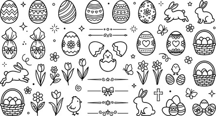 Easter Holiday Doodle Outline Vector Icon Set with Decorated Eggs, Bunnies, Cute Chicks, Baskets, Flowers, and Dividers for Festive Graphic Greetings and Prints © Salina