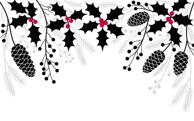 Naklejka premium Christmas holly border with red berries and pine cones on white background vector illustration