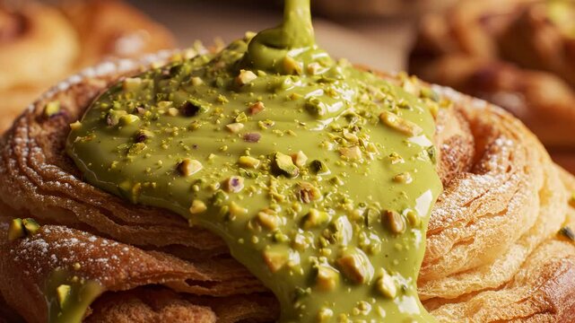 Pistachio Cream Drizzled Over Flaky Spiral Pastry with Chopped Nuts