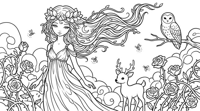 Fantasy Goddess with Deer and Owl in Rose Garden Coloring Page