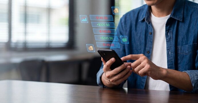 A young man sitting at a dark wooden table holds his sleek black smartphone to analyze bright digital financial data charts and colorful profit icons floating in the air nearby