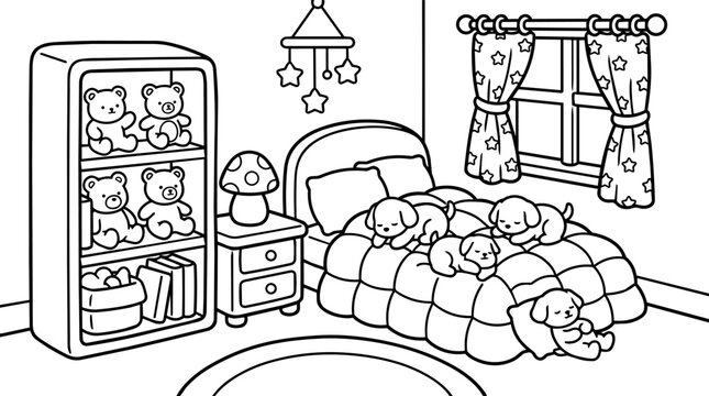 Cute puppies and teddy bears in a cozy bedroom illustration